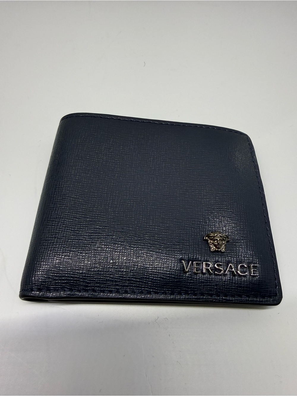 Versace Men's Bifold Wallet in Navy with Silver Logo